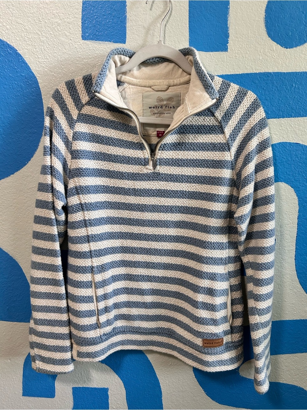 Girls’ 12/Women’s XS WEIRD FISH Blue & White Striped Half-Zip Pullover